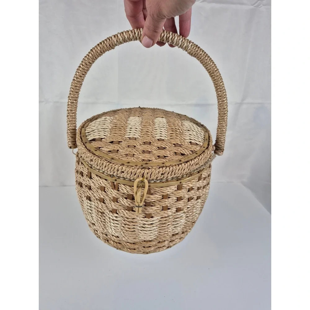 Vintage Wicker Sewing Basket Floral Lined Japan Insert Boho Craft Storage‎